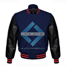 Top Baseball Letterman Varsity Navy Blue Wool Jacket-Real Leather Sleeve XS-4XL - $72.99