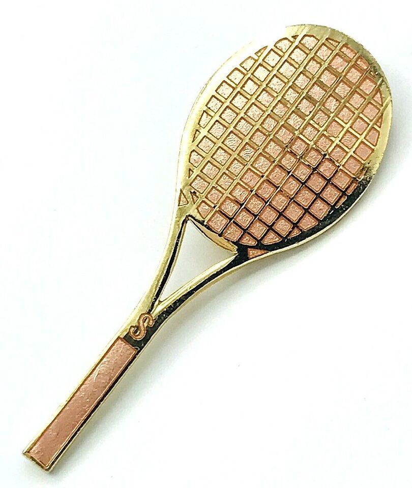 Primary image for Gold Tone Peach Enamel Tennis Racket Brooch Pin