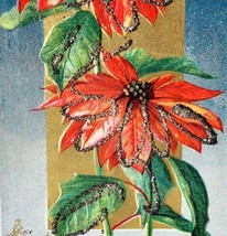 Best Christmas Wishes 1910s Greeting Postcard Poinsettia Glitter Embossed PCBG6B - £19.90 GBP