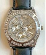 Techno Pave (8599) Blingy Silver-Tone Men&#39;s Watch w/ Black Faux Leather ... - $16.33