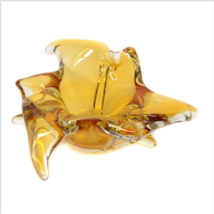Vintage Yellow Amber Free Form Folded Edge Art Glass Candy Dish Bowl Hea... - $59.37