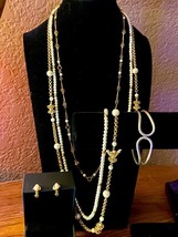 Triple Necklace goldtone and white faux pearl w/ cuff and clip on earrings - $35.00