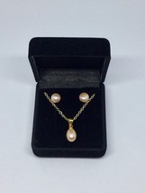 Peach Cultured Freshwater Pearl Pendant and Earring Set 18K Gold Plated - £35.78 GBP