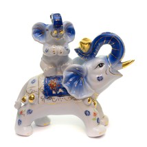 Vintage Porcelain Glaze Gold Hand Painted Elephant Trump Up With Baby Asian 8.5&quot; - £9.50 GBP