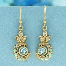 Natural Blue Topaz Opal Diamond Vintage Style Floral Dangle Earrings in 9K Gold - £599.51 GBP
