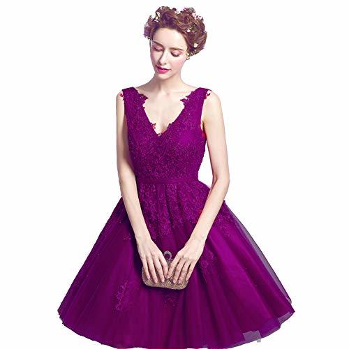 Plus Size V Neck Pearls Beaded Lace Short Prom Homecoming Dresses Purple US 16W