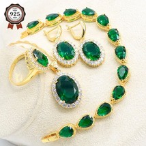 Gold Color Wedding Jewelry Set for Women Green Cubic Zirconia Bracelet Earrings  - £27.91 GBP
