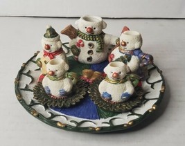 1997 Miniature Mini Tea Pot Set Christmas Snowman 9Pc Novelty Resin Bells - $27.73