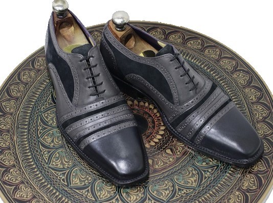 Men's New Handmade Leather Shoes Dual Tone Bluish Grey Leather & Suede Cap Toe