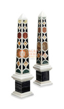 30&quot; Pair of White Marble Obelisks Specimen with Italian Pietre Dure Mosaic E516 - £8,318.38 GBP
