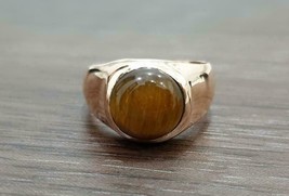 925 Argent Sterling 14k Plaqué Or Tigre Eye Pierre Handmade Homme Taille Bague 6 - £60.25 GBP
