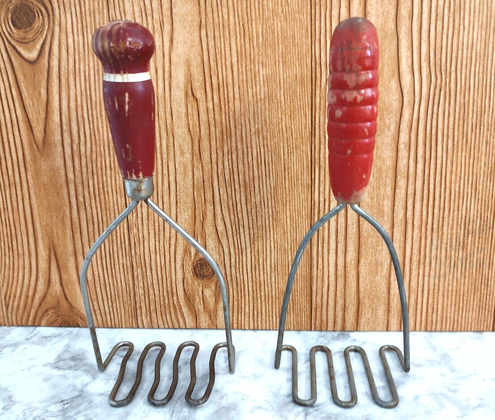 Primary image for Vtg Red Wood Handle Potato Masher Set of Two 1930s - 60s Kitchen Utensils