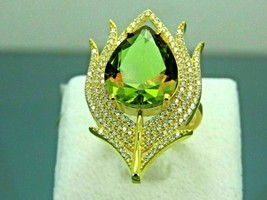 Pear Cut 3Ct Lab Created Green Peridot Women&#39;s Leaf Ring 14K Yellow Gold Plated - £102.46 GBP