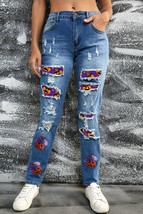 Sky Blue Sequin Pumpkin Patched Distressed Straight Leg Jeans - $753.80 MXN