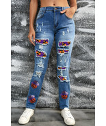 Sky Blue Sequin Pumpkin Patched Distressed Straight Leg Jeans - $735.36 MXN