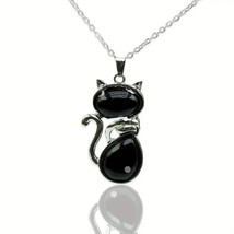 Cat Pendant Natural Stone Silhouette of a Cat Necklace Obsidian - £18.85 GBP