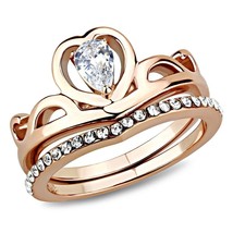 Women 6x4mm Pear Cut CZ Tiara Crown Shaped Rose Gold Plated Bridal Ring Set - £53.25 GBP
