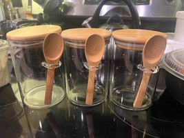 3 Pack Glass Container Jars with Bamboo Airtight Lid Spoon 15Oz 5&quot;L x 5&quot;... - $32.16 CAD