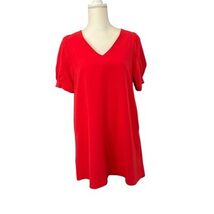 Jodifl Dress Womens Small Red V Neck Puff Sleeve Shift Pockets Short Casual - $23.74