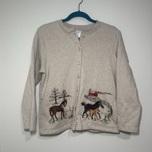 Embroidered Horse Barn Sweatshirt Cardigan Button Front Oatmeal S Petite - $18.99