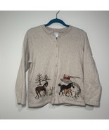 Embroidered Horse Barn Sweatshirt Cardigan Button Front Oatmeal S Petite - $25.97 CAD