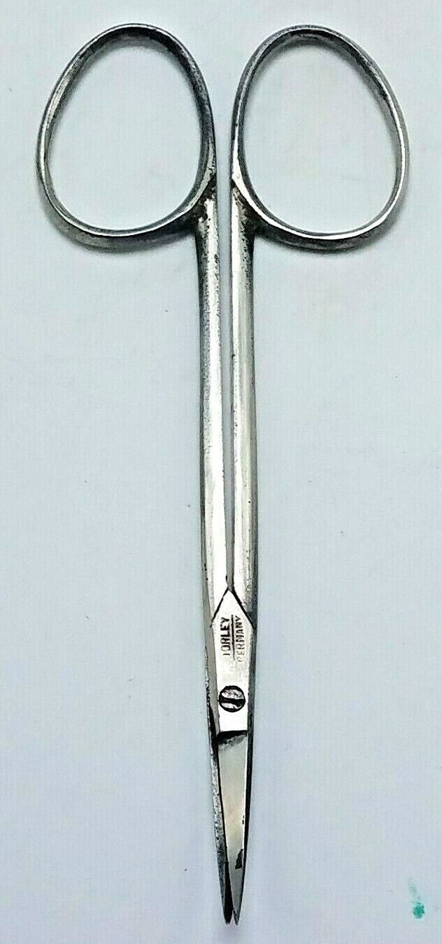 Vintage W.H. Morley &amp; Sons Germany Sewing Scissors 4 1/8&quot; Curve Clover H... - $6.88