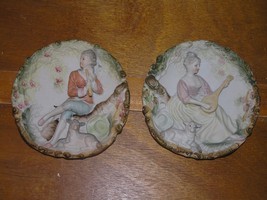 Vintage Pair of Handpainted Victorian Country Man &amp; Woman Playing Musical - £11.05 GBP