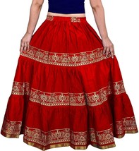 Handmade Ethnic Rajasthani Flared Women Skirt Gold Print Elastic Waist Red Dress - £15.53 GBP