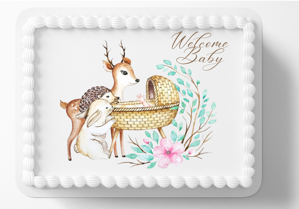 Woodland Forest Animals Edible Image Baby Shower Cake Topper Sticker Decal - $14.18+