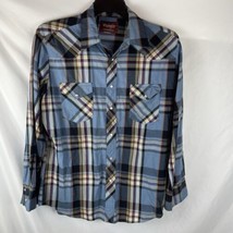 VTG Wrangler Shirt Mens XL Blue Beige Pearl Snap Rodeo Western Wrancher - £11.30 GBP