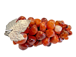 Grape Cluster Tumbled Carnelian Agate Stones Silver Leaf 4 Inches Long Vintage - £21.71 GBP