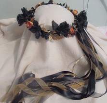 Stella- Head Wreath Black flowers &amp; Gold Leaves fleur de lis Renaissance... - £42.92 GBP