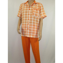 Men 2pc Walking Leisure Suit Short Sleeves DREAMS Checker 282-18 Orange image 3