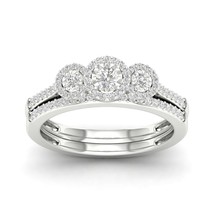 S925 Sterling Silver 0.33Ct TDW Diamond Three Stone Halo Bridal  With 1 Band - £217.14 GBP