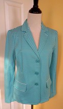 TALBOTS Turquoise Blue/White Striped Cotton Blend Knit Jacket w/ Pockets... - $19.50