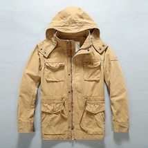  Hooded Cargo Jackets Men Removable Hood Cotton Multi-pockets Work Jacket Mens W - £90.30 GBP