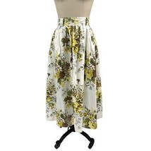 1950s VTG White Cotton Floral Skirt Yel/Brw/Green Pleated Metal Zipper Sz M - $124.74
