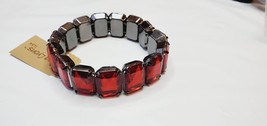 Erica Lyons Stretch Bracelet Metallic W Ruby Red Rectangle Gems     New  #26 - £14.77 GBP