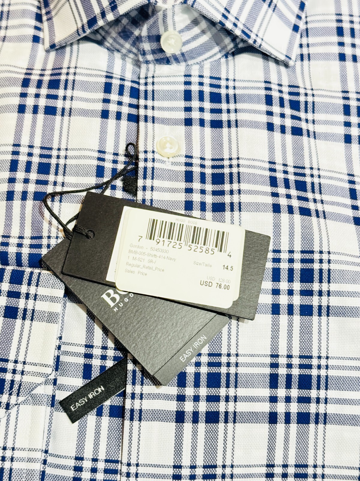 HUGO BOSS Herren Gordon Easy Iron Regular Fit Blau Kariert Baumwollkleid Hemd 37 Item image 4