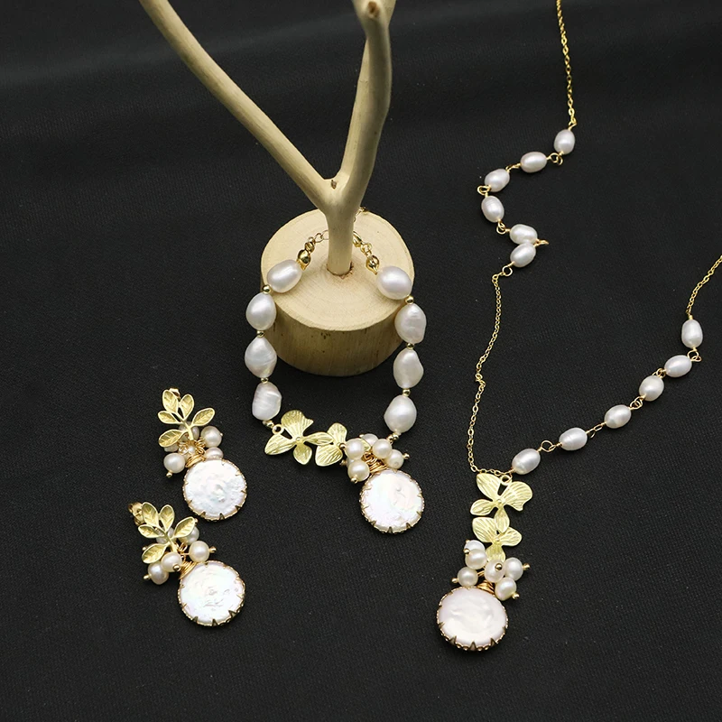 Natural Baroque Pearls Plant Maple Leaf Women Jewelry Set Earring Bracel... - £55.46 GBP