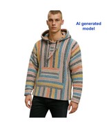 Earth Ragz Baja Surfer Woven Striped BOHO Mexican Hoodie Pullover size L - $17.58