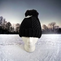 West Loop Womens Black Cable Knit Faux Fur Tassel Beanie Pom Hat  NWT  1 Size - £5.97 GBP