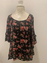 Eyeshadow Top Short Slv Scoop Round Neck Gathered Hemline Blk Floral XL - £8.94 GBP