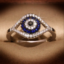 1.50Ct Simulated Blue Sapphire Evil Eye Engagement Ring 14K White Gold Plated - £79.20 GBP