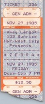 Zèbre Concert Ticket Stub Novembre 29 1985 Ouest Islip New York - £40.34 GBP