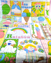 Darling 1960s Mid Mod Colorful Handsewn Alphabet &amp; Word Graphic Baby Quilt 40x44 - £38.55 GBP