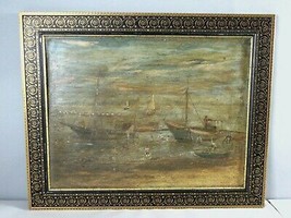 Vintage Artist Signed H. Mattioli Shipyard Oil Painting On Canvas E686 - $247.50