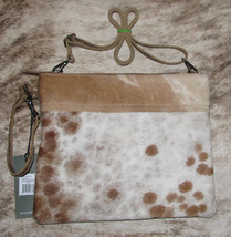Myra Bag #1491 Ivory &amp; Light Sorrel Hairon, Leather 12&quot;x9.5&quot; Crossbody~Wristlet~ - £38.02 GBP