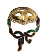 Madi Gras Brooch Pin Mask Purple Green Rhinestones Gold Tone 2&quot; - $22.79 CAD