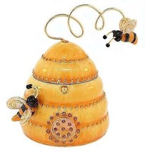 Beehive Skep Bees Hinged Trinket Box Pewter Enamel Austrian Crystals - £37.76 GBP